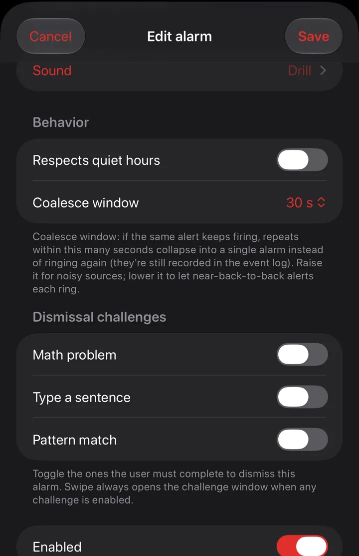 Editing an alarm in NotiAlarm: quiet hours, coalesce window, and the math, sentence and pattern dismissal challenges